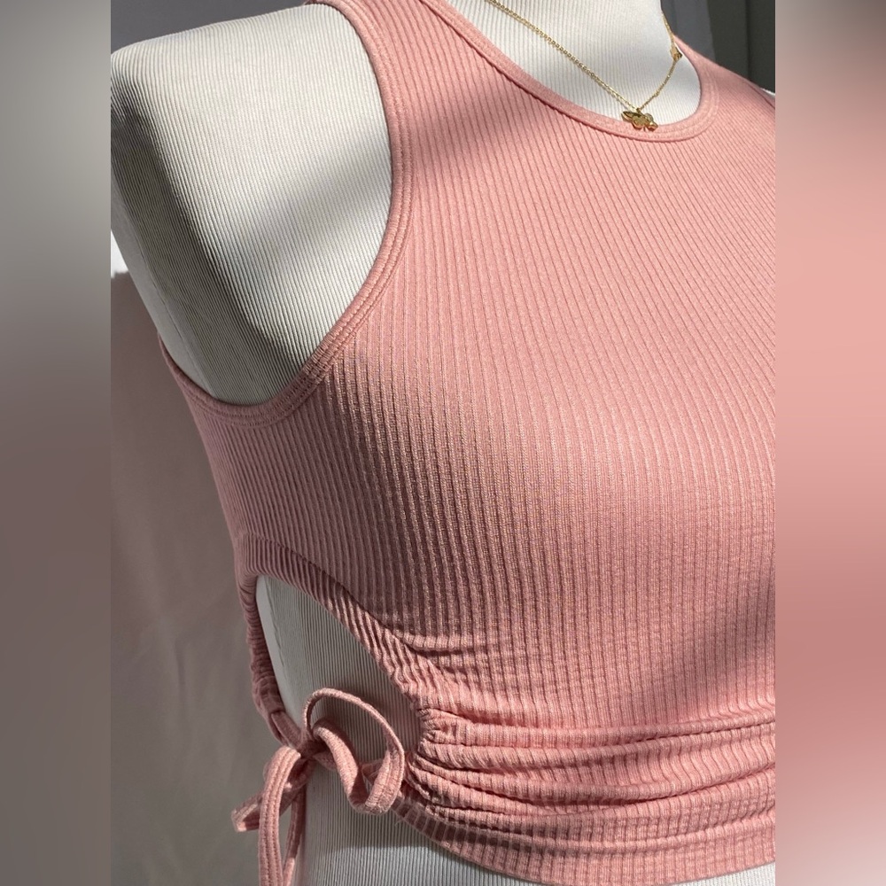 Pink Ribbed Crop Tank Top with Cutout Side